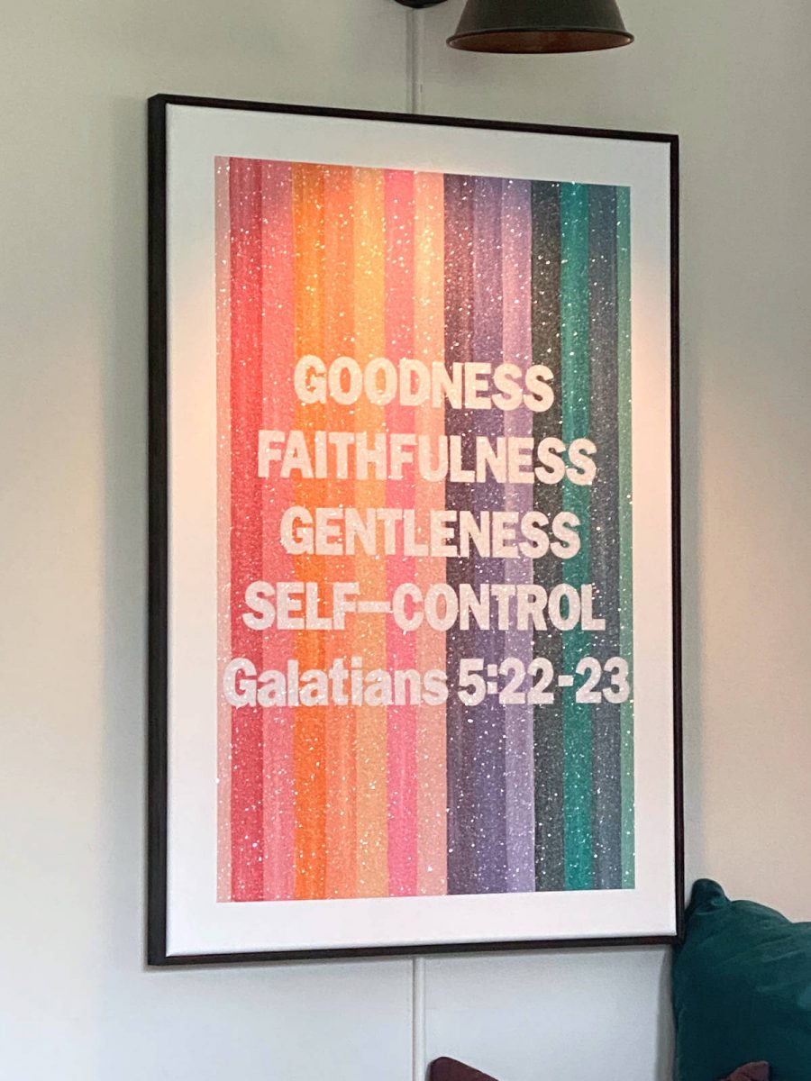 DIY word art made from cut glass glitter, acrylic paint, and white sticker letters